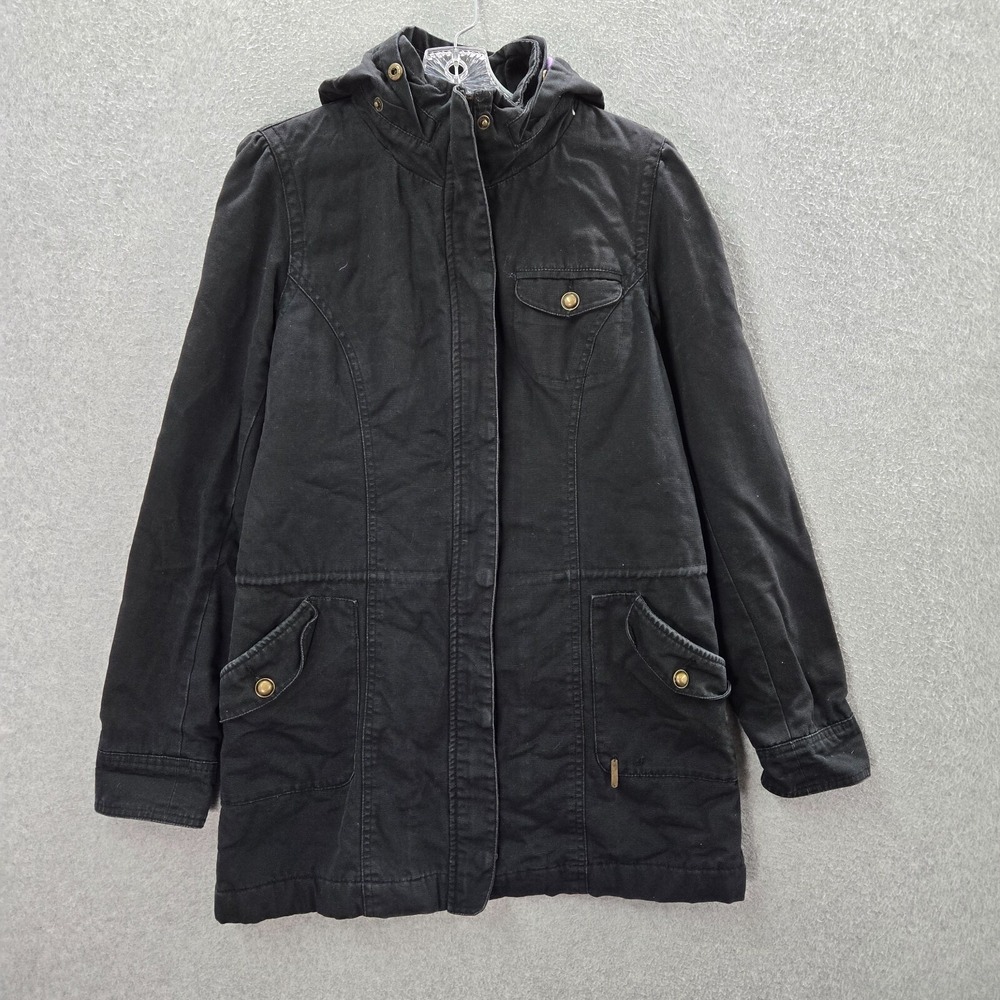 Roxy Junior Jacket Large Black Canvas Sherpa Lined Hooded Full Zip READ